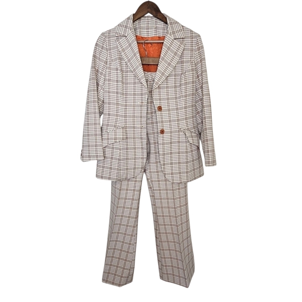 H Bar C Ranchwear Beige & Brown Checkered Pantsuit W/ Flair Pleated Pant Sz S